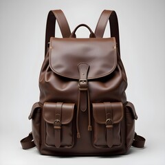 Realistic Vintage Brown Leather Backpack with Buckle Straps and Front Pockets – Premium Travel and Outdoor Rucksack on Transparent Background