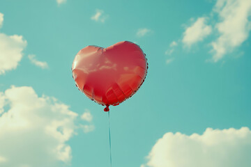 Fototapeta premium Heart-shaped red balloon floats against a blue sky with scattered clouds. Concept of love and celebration. For greeting card design or romantic decoration.