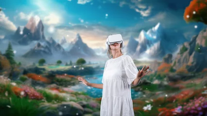 Excited smiling woman looking by VR surround wonderful fairytale forest mountain ice wonderland snowfall at steam water landscape meta magical world mysterious fantasy jungle in winter. Contraption..