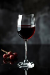 Elegant glass filled with dark red liquid on a glossy surface, complemented by small, round fruits.