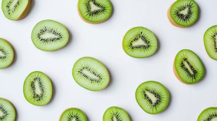 Fototapeta premium Fresh kiwi slices are beautifully arranged on a clean, bright surface, highlighting their intricate patterns and vivid green color