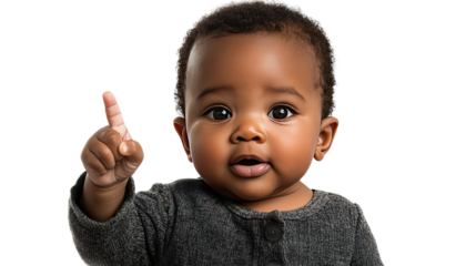 Innocence and Discovery: A captivating portrait of a charming baby with adorable eyes and a raised finger. The baby gazes with curiosity, expressing wonder in their gesture.