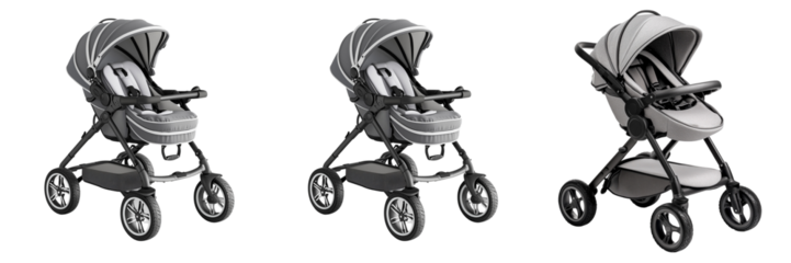 Set of A baby with a bright smile, pushing a small wooden trolley filled with toys in a sunlit park on transparent png background. Ai generated