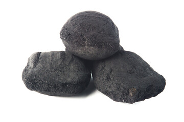 Heap of Black Charcoal Briquettes Isolated on a Plain White Background