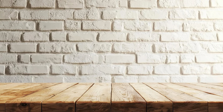 Fototapeta Empty top wooden table and white brick wall background. For product display