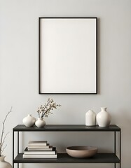 Empty frame on a table with vases in a room