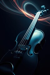 A sleek, dark blue violin stands against a black backdrop, illuminated by soft, flowing light streaks.
