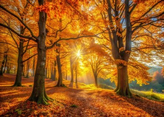 Fototapeta premium Surreal Autumn Sunlit Trees: Dreamlike Fall Foliage Photography