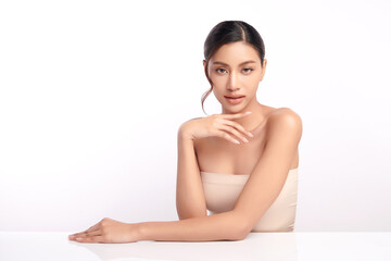 Fototapeta premium Beautiful young asian woman with clean fresh skin on white background, Face care, Facial treatment, Cosmetology, beauty and spa, Asian women portrait.