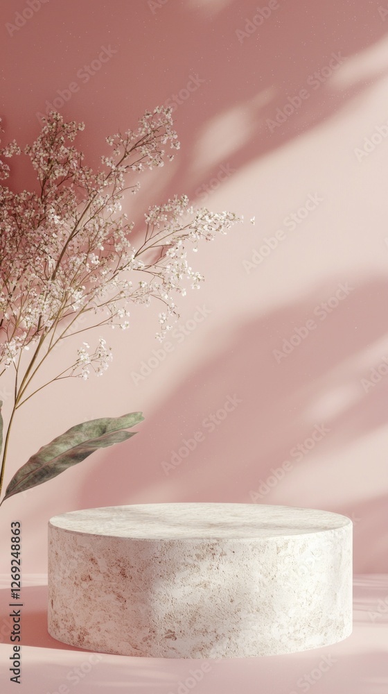 Poster a serene display showcases a smooth, round podium set against a soft pink background