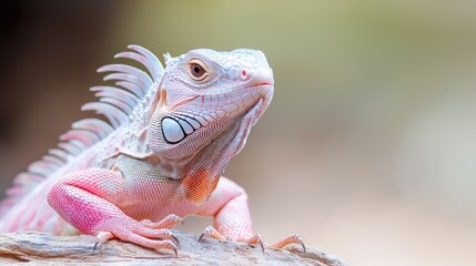 Fototapeta premium Pink and white iguana perched on a wooden branch in bright natural daylight.