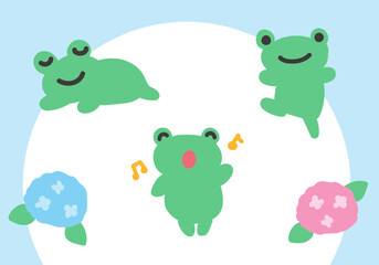 かわいい手描きのかえるとあじさいのイラストセット
 singing,Jumping and sleeping flog and hydrensia handdrawn illust