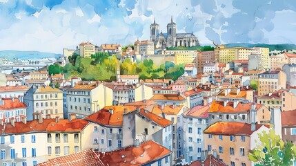 A vibrant watercolor depiction of a scenic cityscape with rooftops and a distant cathedral under a blue sky
