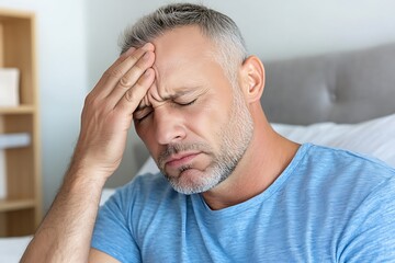 Fototapeta premium Man's headache in bedroom close-up lifestyle photo in calm indoor environment