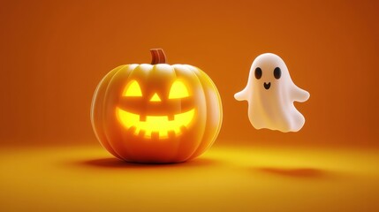 Halloween pumpkin ghost orange background celebration card