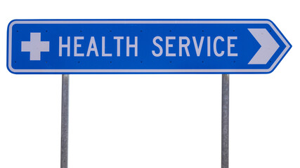 Blue and white directional road sign on two galvanized poles, to health services, hospital or clinic. Transparent background  © BJP7images
