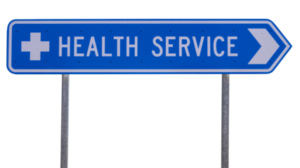 Blue and white directional road sign on two galvanized poles, to health services, hospital or clinic. Transparent background 