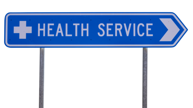 Blue and white directional road sign on two galvanized poles, to health services, hospital or clinic. Transparent background 