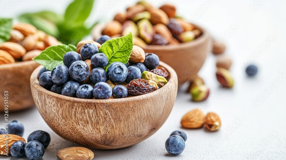 Poster a visually appealing display of mixed nuts alongside fresh blueberries nestled in rustic wooden bowl
