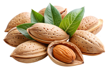 set of almonds with shells isolated on transparent background png