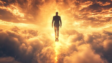 Fototapeta premium Man in Suit Ascending Through Clouds in Dramatic Sunset Light