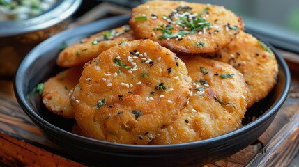 Fototapeta premium Golden, crispy fritters garnished with herbs, served in a bowl, with a blurred background of a kitchen setting