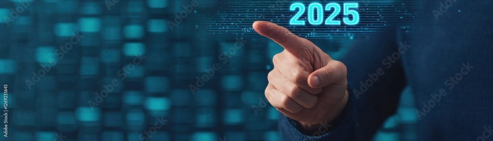 Poster human hand pointing at digital display of future year 2025 with abstract technology background
