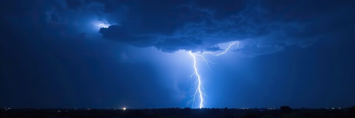 Electric blue lightning bolt illuminating dark stormy sky, darksky, atmospheric