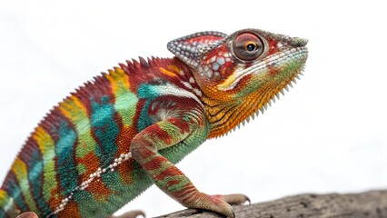 Obraz premium Vibrant Chameleon Close-up: A vibrant chameleon with intricate patterns of red, green, yellow, and blue scales perches on a branch, its expressive eyes focused on the viewer.