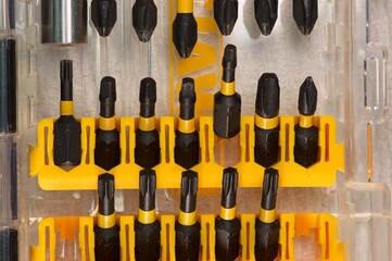 Close up view of screwdriver bits for drill