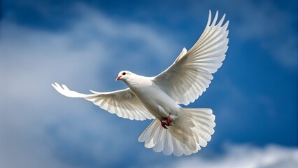 Obraz premium white dove flying on blue sky background