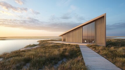 Fototapeta premium modern wooden house with large glass windows sits by serene lake, surrounded by grassland under beautiful sunset sky, showcasing sustainable architecture. 