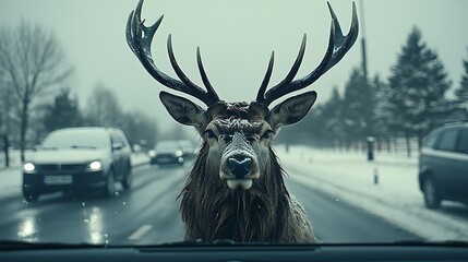 Stag blocking snowy road, winter traffic blur, wildlife danger, driving safety