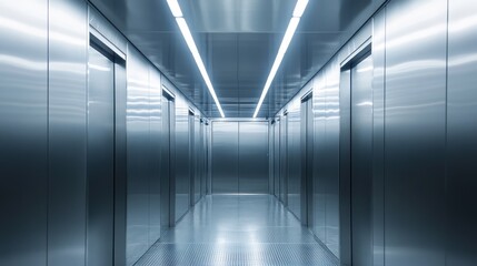 A long hallway with many doors and a shiny silver color