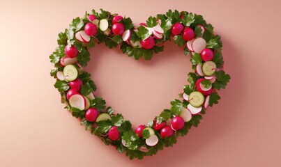 Obraz premium Heart-shaped wreath made of fresh vegetables, including radishes and cucumber slices, on a soft pink background, perfect for healthy lifestyle promotions