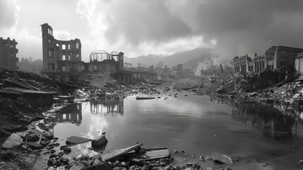 Desolate landscape of a ruined city with a reflective water body, showcasing remnants of destruction and despair