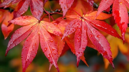 Vibrant Red Maple Leaves Glistening With Dew Drops