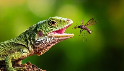 Fototapeta premium lizard eating an insects; bearded dragon lizard; green dragon lizard; chameleon on a branch; 
