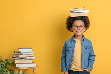 Cheerful child balancing books on head home setting portrait bright environment playful concept