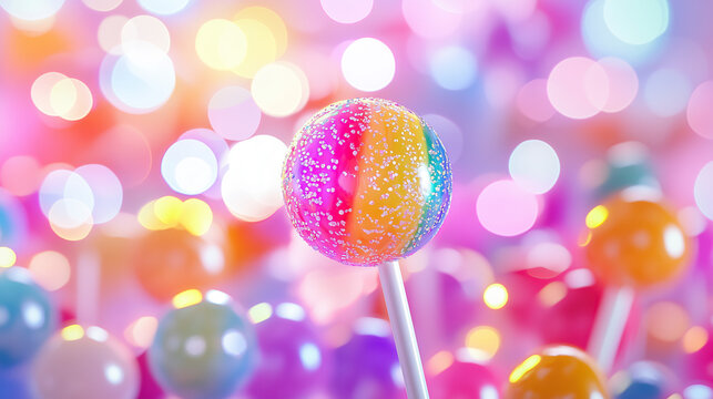 Colorfull candy sweet lollipop on a blurred multi-colored background, with copy space