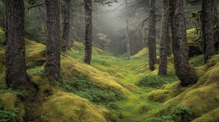 Obraz premium Mossy Forest Path Through Tall Trees