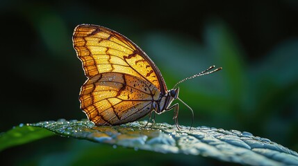 Obraz premium Golden Butterfly Rests on Dew Covered Leaf
