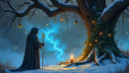 Fototapeta premium The Wheel of the Year. Hooded druid invoking magic by ancient oak tree, Yule ritual