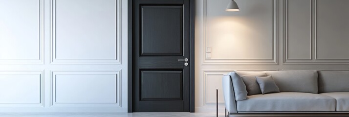Elegant Interior Design Featuring A Dark Door And Sofa