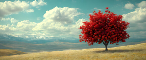 Solitary Red Tree On Golden Field With Mountain View