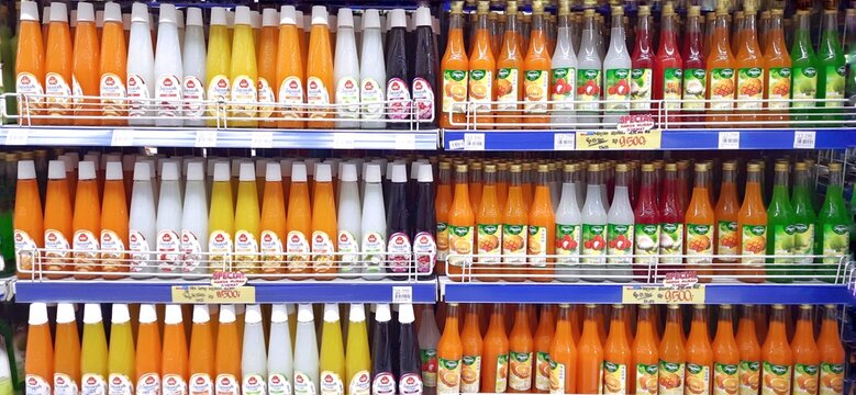 Various of a bottle Marjan and ABC syrup flavours on the shelf in supermarket. Ramadan theme concept. Jakarta, Indonesia - February 15 2025