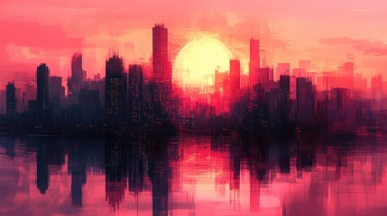 Fototapeta premium A vibrant sunset over a city skyline, reflecting on water, creating a serene atmosphere.