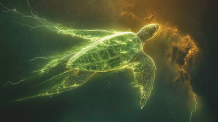 Obraz premium An ethereal sea turtle swims among glowing clouds and bolts of lightning in the ocean.
