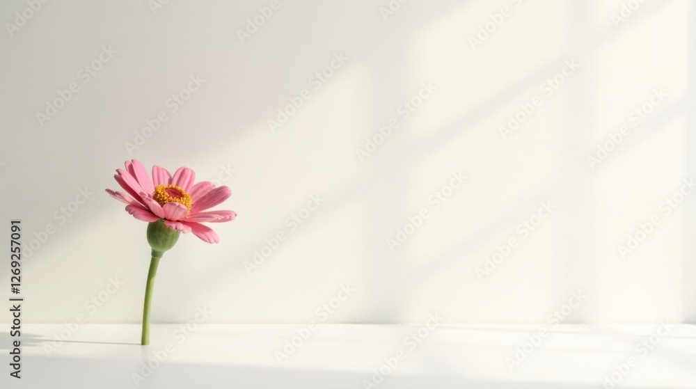 Aufkleber a single pink flower stands elegantly in soft sunlight against a bright white backdrop, creating a s