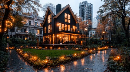 Obraz premium Modern House at Night, Autumn Trees, City Lights, Elegant Exterior, Urban Home, Possible Use for Magazines or Social Media Posts